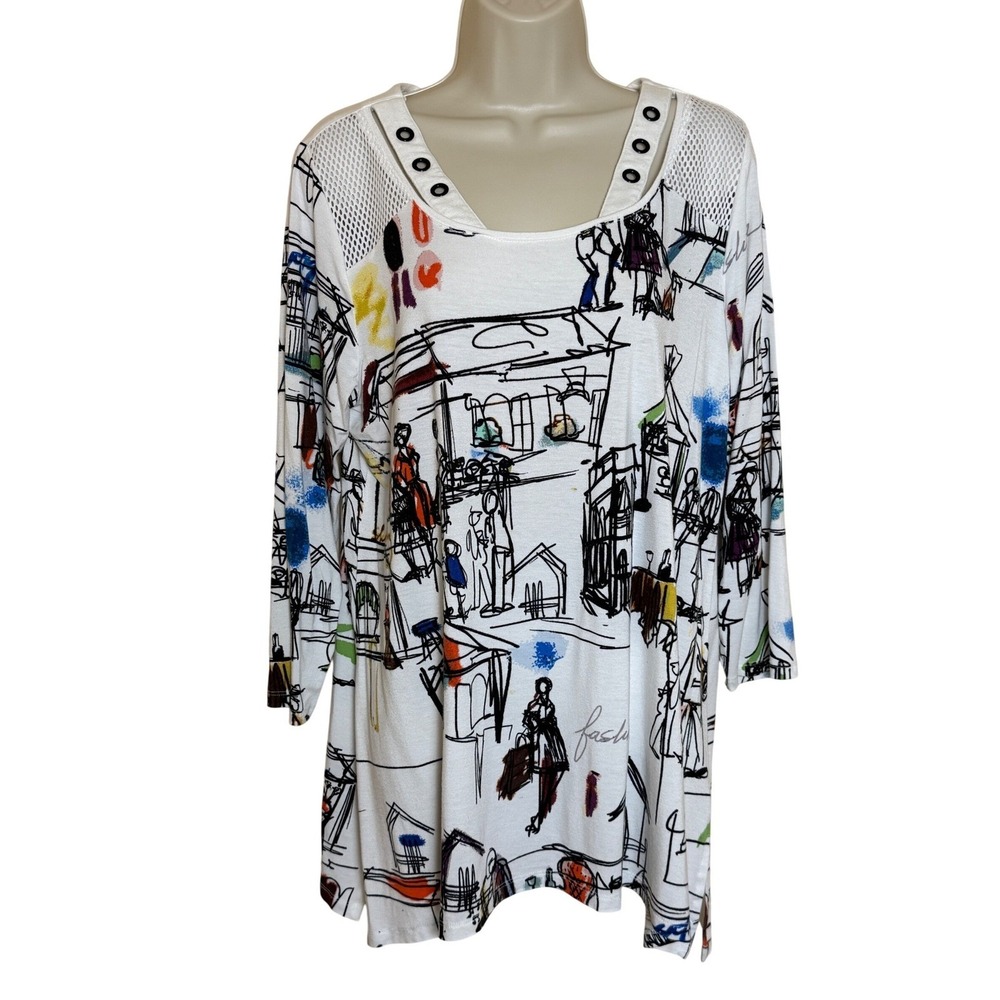 Ali Miles Womens Parisian Urban Sketch Print Tunic Top Size L Artsy Lagenlook